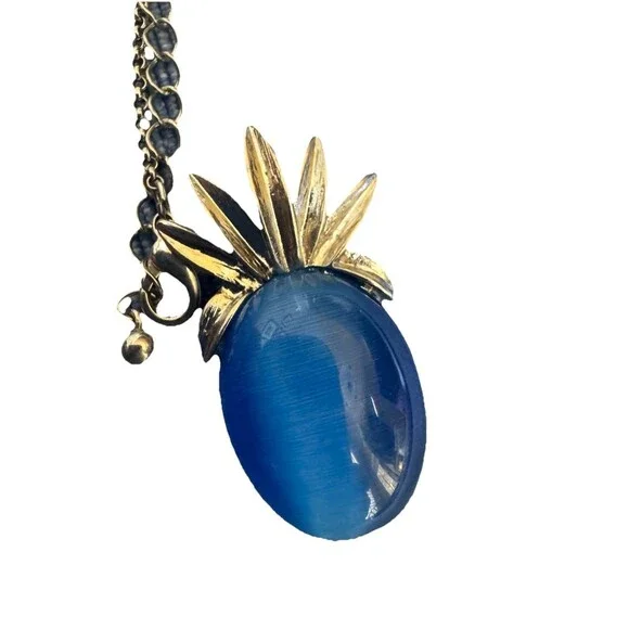 Vintage Blue Cat’s Eye Glass Pendant Necklace Silver Tone Sunburst Crown 17.5” - Picture 3 of 5